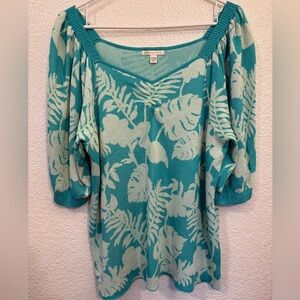 Cato Plus Size Tropical Leaf Knit Sweater Women's 18/20W Teal White